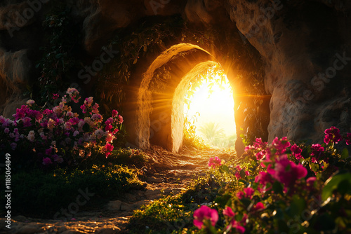 Light Shining Out Of An Empty Tomb With Flowers On the Outside