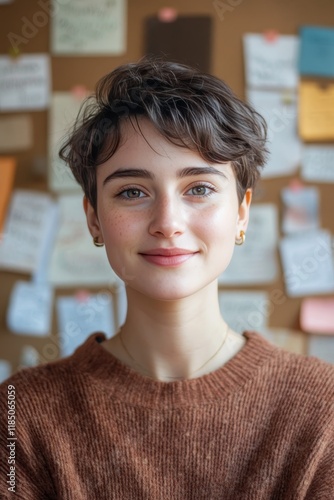 Cheerful non binary individual with short hair posing for the camera beside a corkboard in office photo