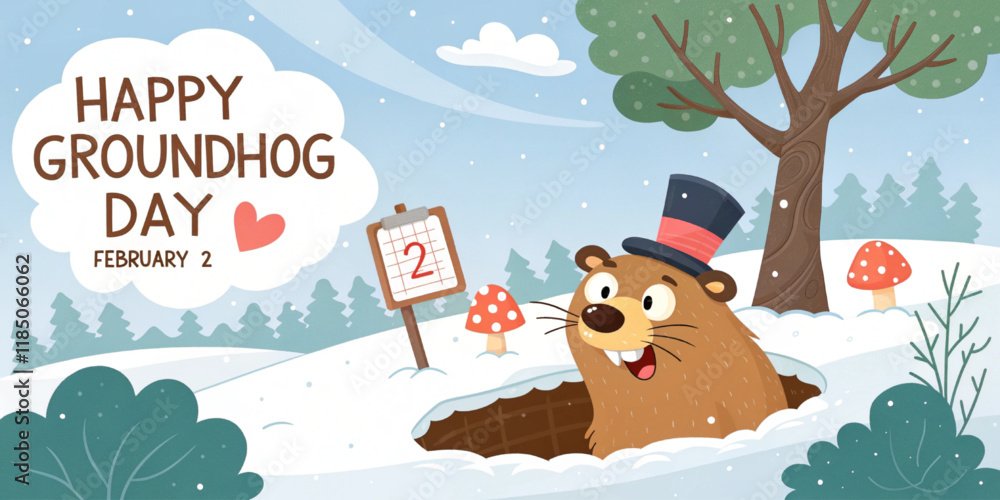 Naklejka premium Happy Groundhog Day. Cartoon Illustration. February 2. Vector illustration. Vector illustration