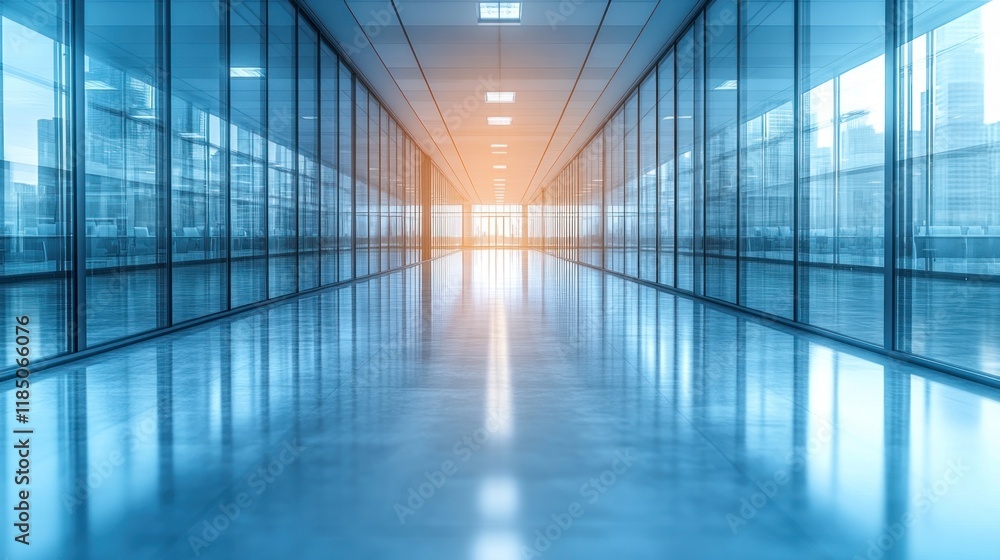 Empty modern office hallway with large windows, looking down a long corridor. Empty modern office hallway with large windows, looking down a long corridor.