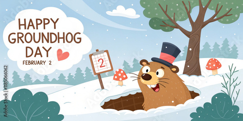 Happy Groundhog Day. Cartoon Illustration. February 2. Vector illustration. Vector illustration