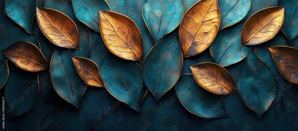 Abstract Background with Golden Lines and Teal Leaf Motifs Abstract Background with Golden Lines and Teal Leaf Motifs