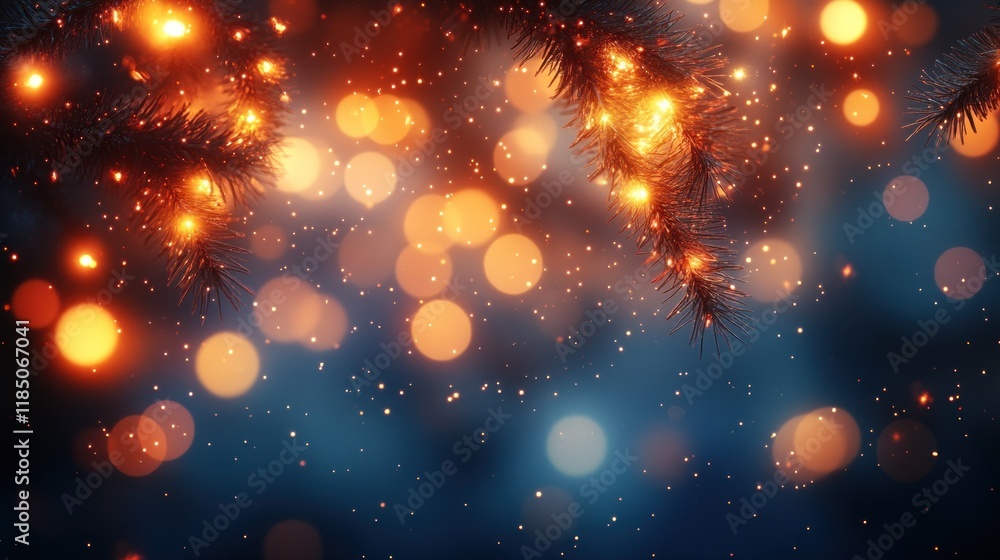 Naklejka premium Festive Christmas lights bokeh background with pine branches.