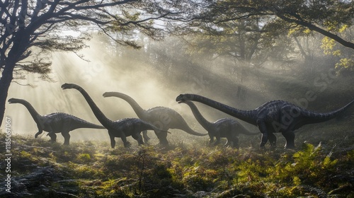 Dinosaurs in a misty forest. Sunlight beams through the trees. photo