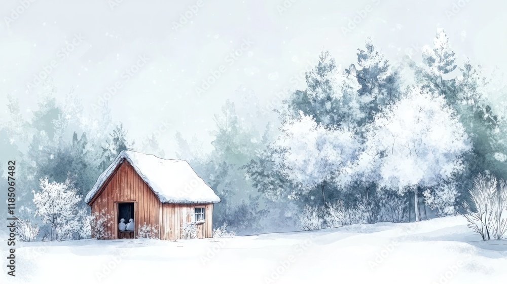 Snowy winter cabin nestled in a frosted forest. Possible use Christmas, holiday, winter scene Snowy winter cabin nestled in a frosted forest. Possible use Christmas, holiday, winter scene