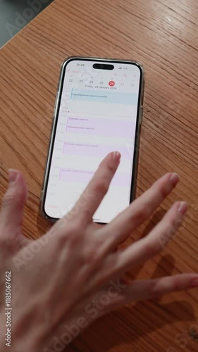 Smartphone displaying calendar app on wooden table, hand touching screen, planning organization, digital schedule concept