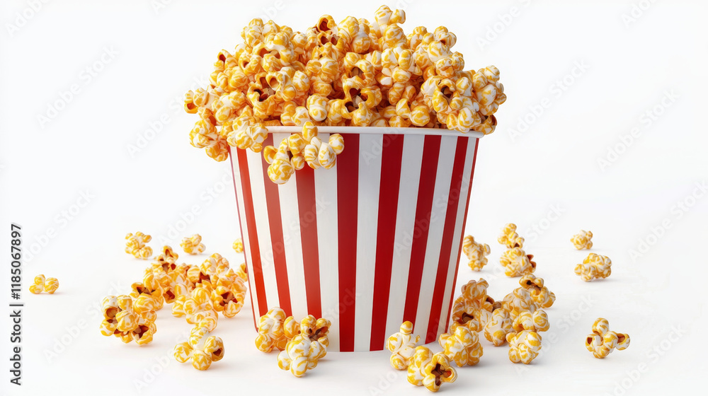 Buttery popcorn overflowing a red and white striped bucket. Buttery popcorn overflowing a red and white striped bucket.