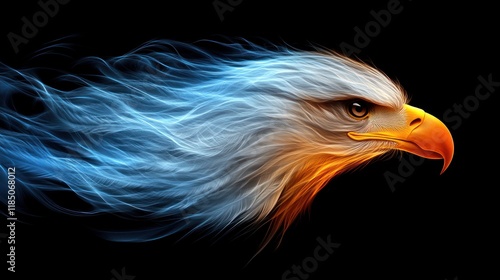 Fierce eagle head with flowing, vibrant, blue-orange flames.