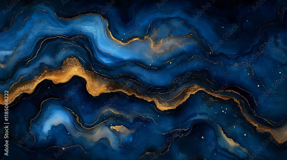 Fototapeta premium Fluid Waves Create an Abstract Minimalist Artwork Featuring Blue and Gold Tones With Smooth Flowing Patterns