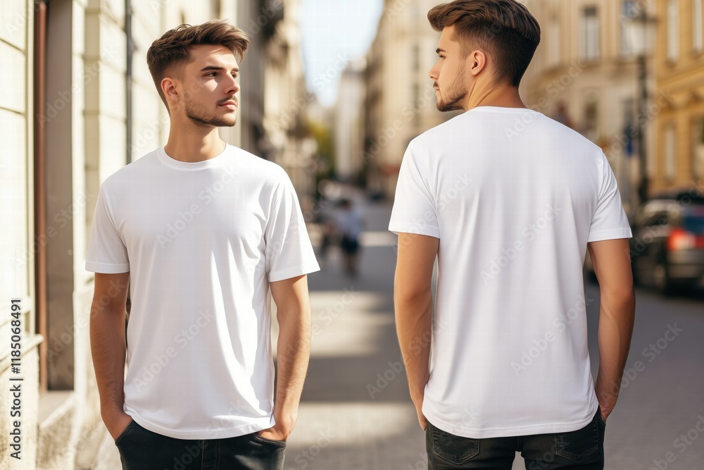 A young man wearing a plain white t-shirt mockup, standing on a city street. He is facing forward and also shown from the back, with buildings and cars in the background. A young man wearing a plain white t-shirt mockup, standing on a city street. He is facing forward and also shown from the back, with buildings and cars in the background.