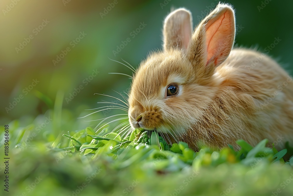 Adorable orange bunny rabbit eating fresh green grass outdoors in sunlight. Adorable orange bunny rabbit eating fresh green grass outdoors in sunlight.