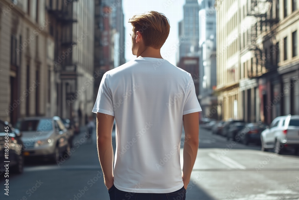 A young man stands with his back to the camera, wearing a plain white t-shirt mockup, in a city street setting. Tall buildings and parked cars line the street, creating an urban atmosphere. A young man stands with his back to the camera, wearing a plain white t-shirt mockup, in a city street setting. Tall buildings and parked cars line the street, creating an urban atmosphere.