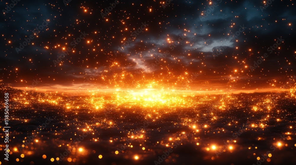 Fiery sparks rising from glowing surface under dramatic sky. Fiery sparks rising from glowing surface under dramatic sky.