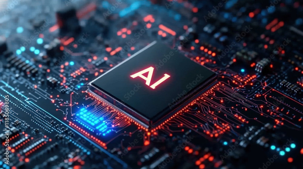 AI processor chip on circuit board. AI processor chip on circuit board.