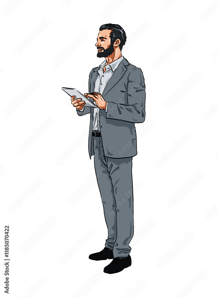Handmade Illustration of a happy Man holding Tablet Computer 02