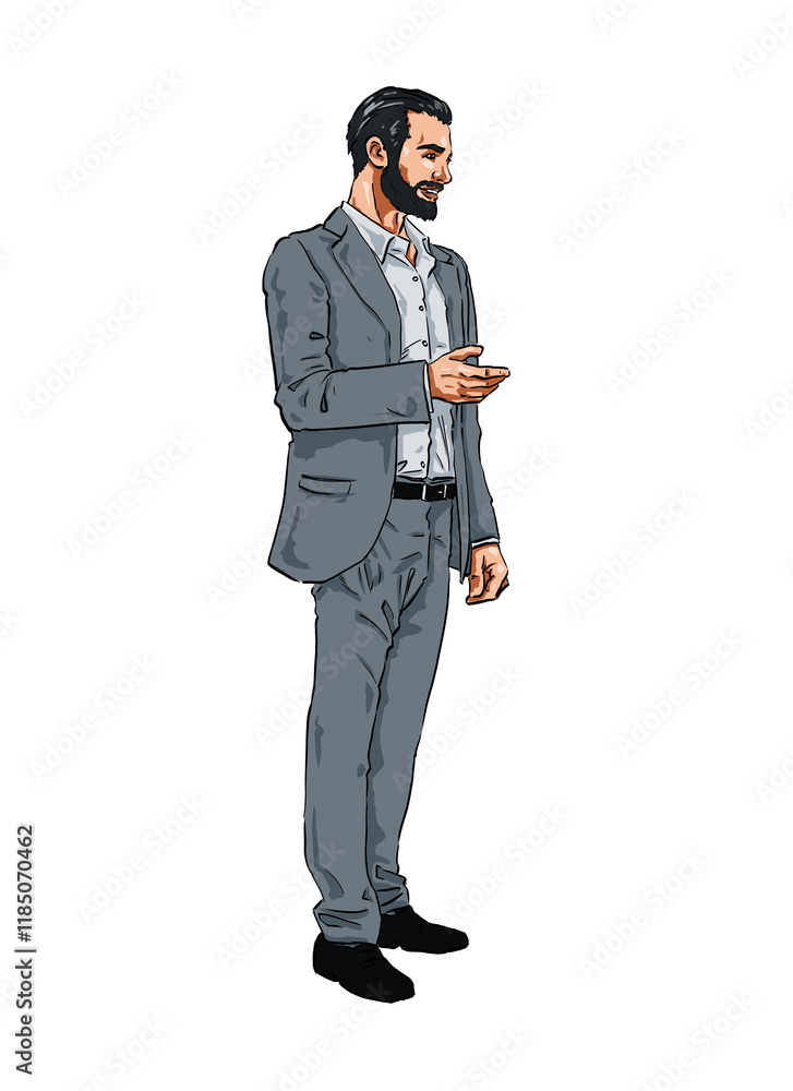 Handmade Illustration of a happy Business Man describing something Handmade Illustration of a happy Business Man describing something