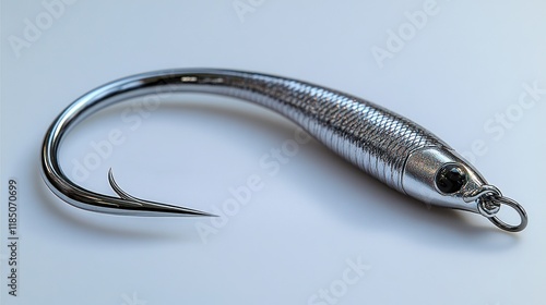 Fishing lure with a curved hook, metallic finish, isolated on a light background. photo