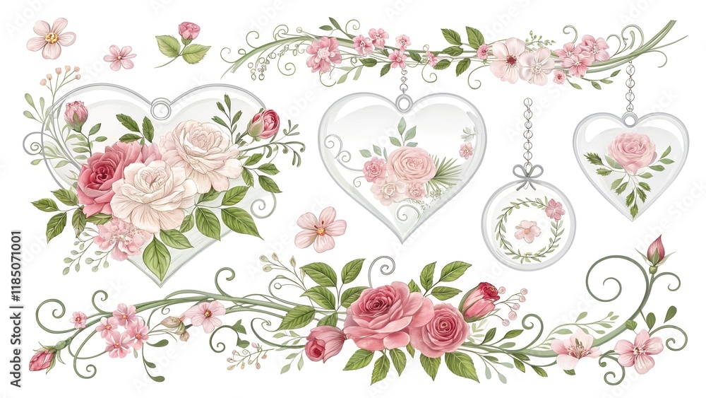 Collection of floral borders and compositions with glass hearts and wedding flowers. Template for Invitation or greeting card
Collection of floral borders and compositions with glass hearts and wedding flowers. Template for Invitation or greeting card