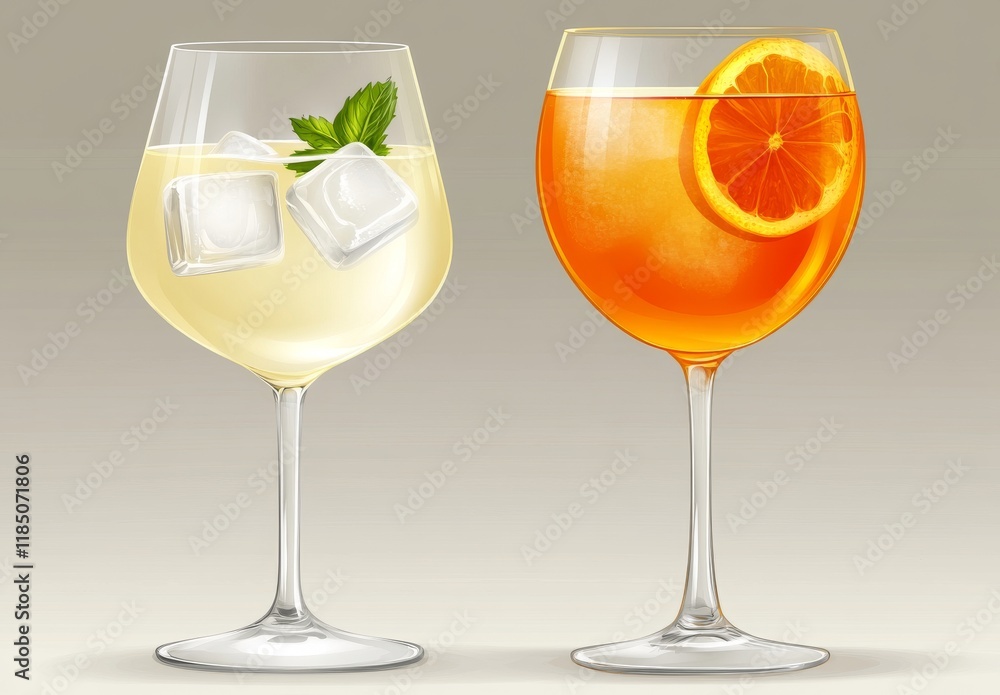 A set of cocktails including mojitos and spritzes, with mint, lemons, and oranges A set of cocktails including mojitos and spritzes, with mint, lemons, and oranges