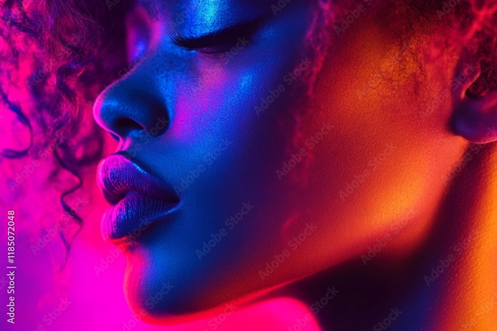 Fototapeta premium Commercial marketing conceptual art. Stunning calm black girl - for ads, ad page and social apps use. Short haircut - curly hair. Black girl glam portrait. Modern black woman. Black model.