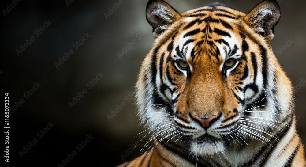 Majestic tiger portrait showcasing striking features and intense gaze Majestic tiger portrait showcasing striking features and intense gaze