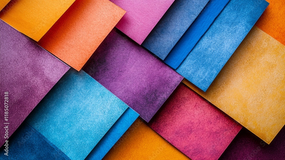 Fototapeta premium A harmonious array of colorful sheets fills the workspace, showcasing vivid tones of blue, purple, orange, and yellow. This collection invites creativity and artistic exploration