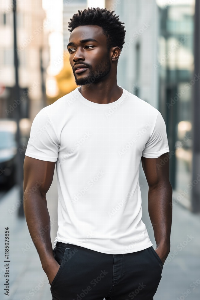 A young man with a stylish haircut stands confidently on a city street, wearing a plain white t-shirt mockup and black pants. The urban background features modern buildings and soft lighting. A young man with a stylish haircut stands confidently on a city street, wearing a plain white t-shirt mockup and black pants. The urban background features modern buildings and soft lighting.