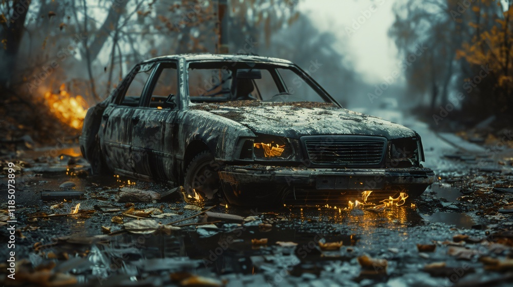 Fototapeta premium Burned car burning on a flooded road after war or riot