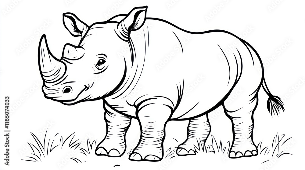 Fototapeta premium Rhino calf, grassland, line art, coloring page, wildlife