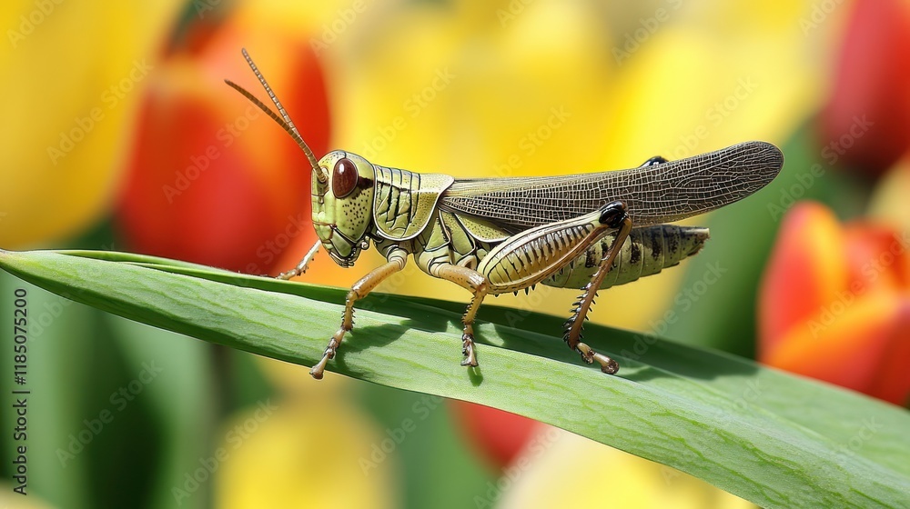 Fototapeta premium Grasshopper on leaf, tulip garden, spring, macro, nature photography, website banner