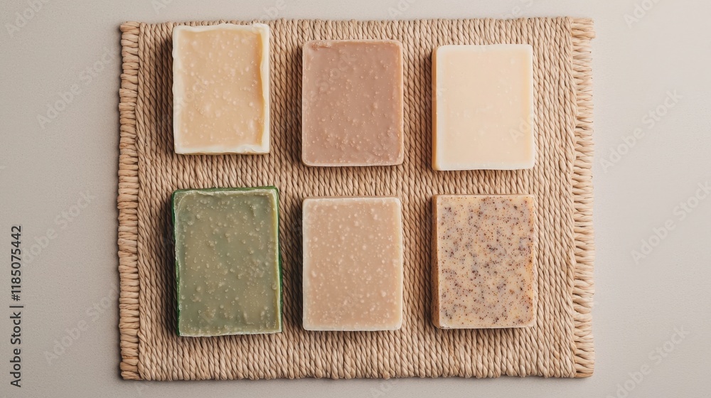 Fototapeta premium Product display packaging and organized, A flat lay of six rectangular soap bars in various shades on a textured mat, showcasing natural beauty and organic aesthetics.