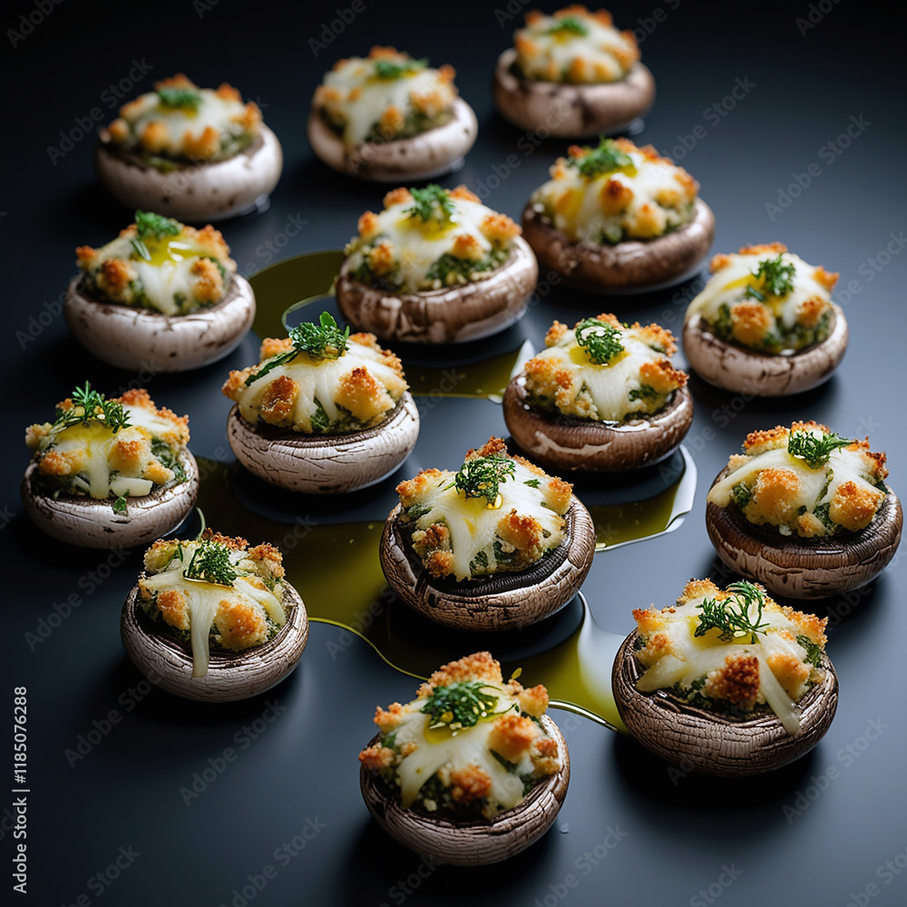 Perfectly arranged floating stuffed mushrooms Perfectly arranged floating stuffed mushrooms