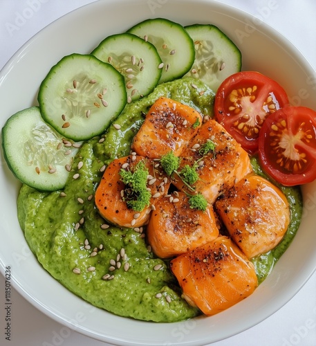 A balanced dish combining seared salmon, caramelized bananas, fresh vegetables, and creamy green spread, topped with seeds and herbs, plated beautifully in a white bowl for a wholesome dining experien photo