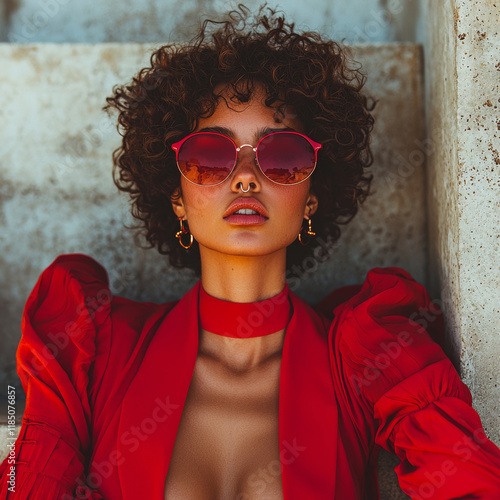 Stylish Model in Red Outfit Wearing Trendy Sunglasses Outdoors photo