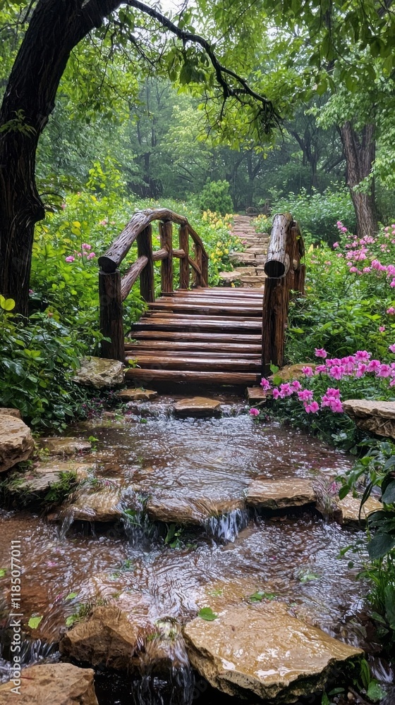 Nestled in a peaceful woodlands, a rustic wooden bridge crosses a gentle stream, inviting nature lovers to explore the lush greenery and blooming flowers nearby, creating a perfect escape Nestled in a peaceful woodlands, a rustic wooden bridge crosses a gentle stream, inviting nature lovers to explore the lush greenery and blooming flowers nearby, creating a perfect escape