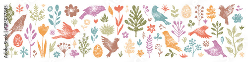 Bird, Easter egg and flower vector icon illustration. Cute spring cartoon background with abstract element. Hand drawn design. Branch plant tree leaf silhouette pattern. Crayon chalk garden shape bg