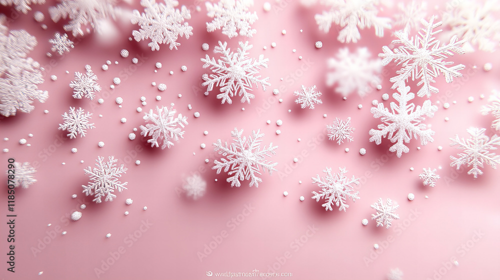Intricate crystalline snowflake patterns captured up close against a soft pink backdrop Intricate crystalline snowflake patterns captured up close against a soft pink backdrop