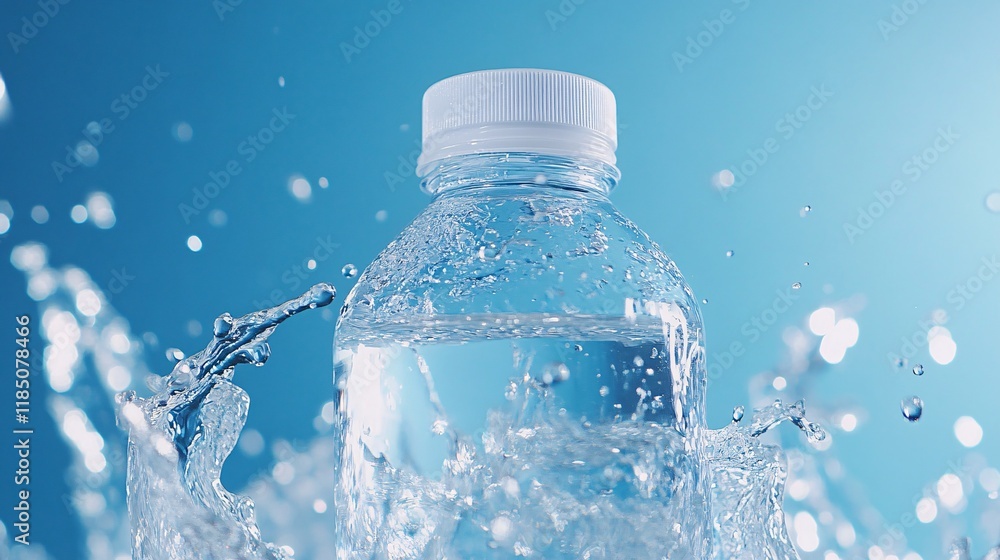 A clear plastic water bottle splashes amidst vibrant blue water droplets, capturing the essence of refreshment and hydration. A clear plastic water bottle splashes amidst vibrant blue water droplets, capturing the essence of refreshment and hydration.