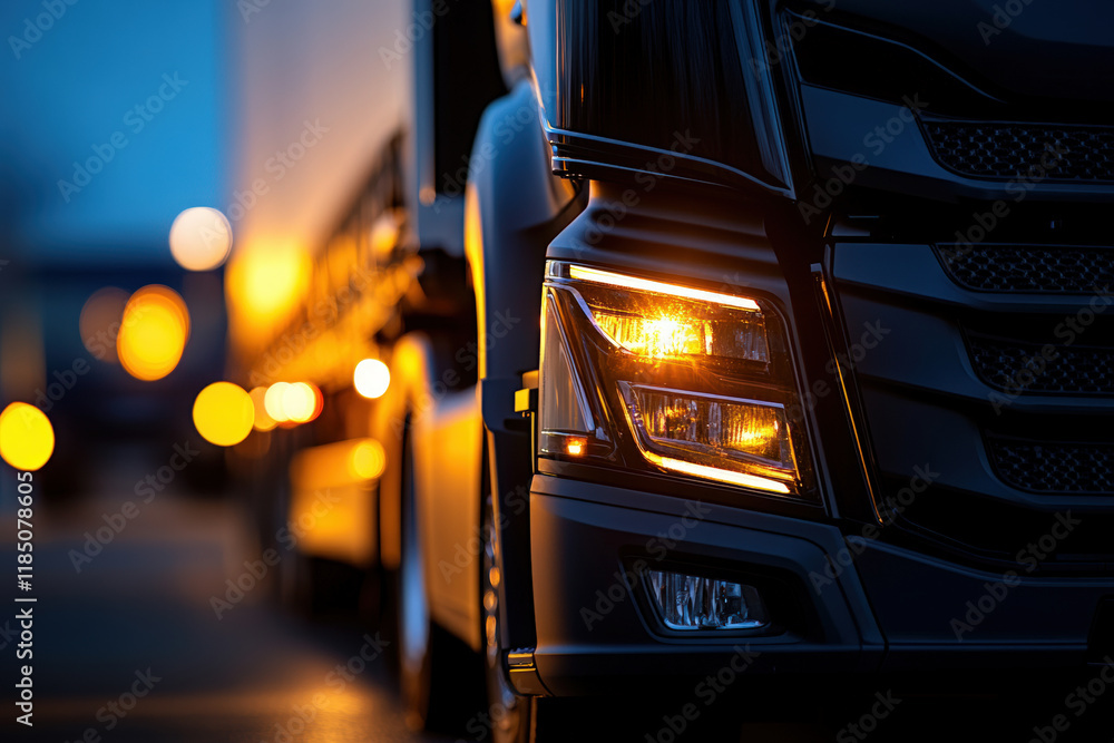 Fototapeta premium Truck at Dusk with Headlights On 