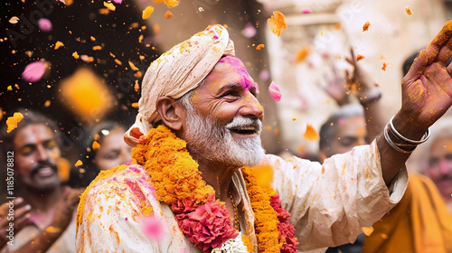 Indian man celebrating Holi with vibrant colors  
 photo