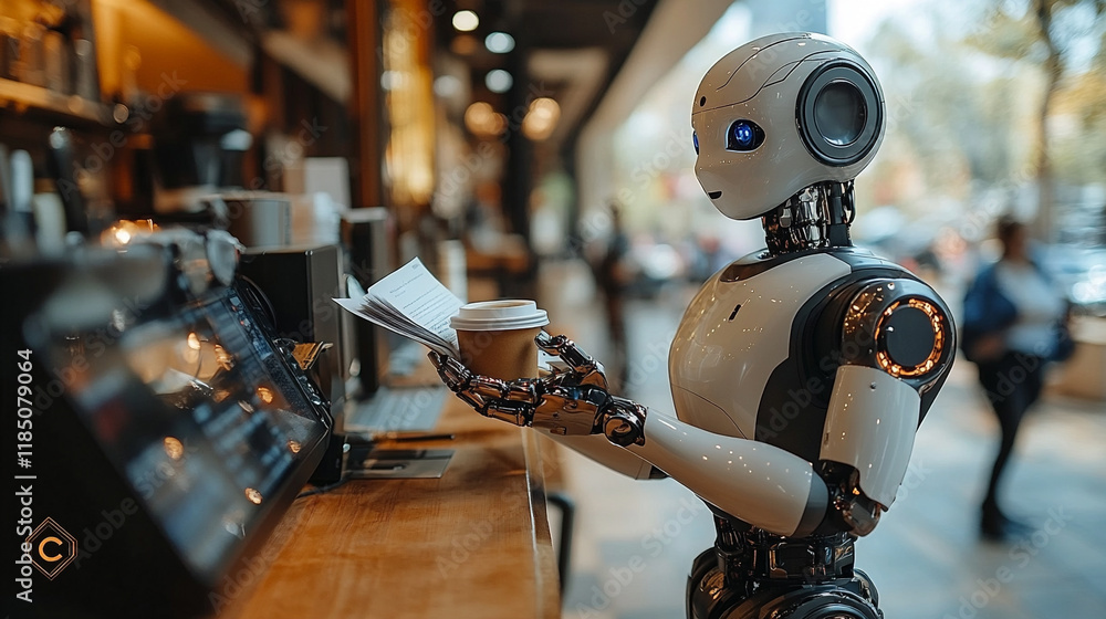 Fototapeta premium AI-powered Robotic Barista Serves Coffee in Bustling Café Environment During Midday Rush
