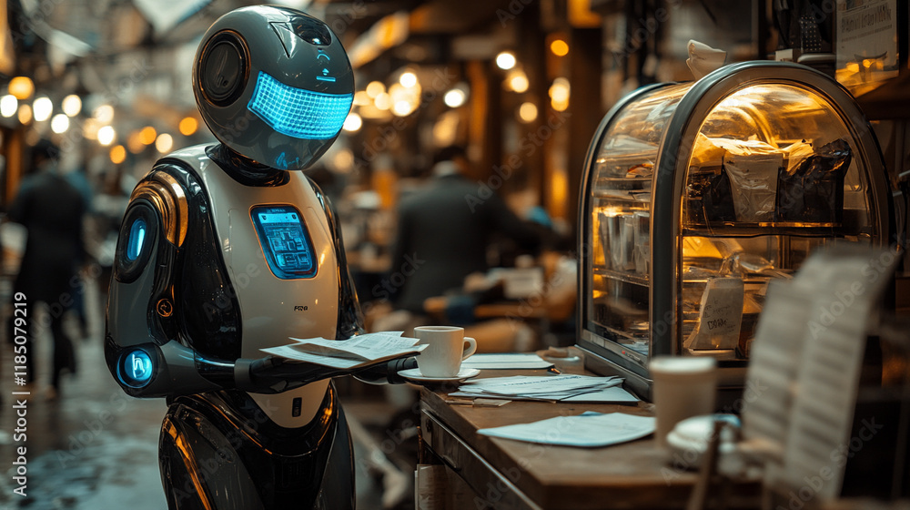 Fototapeta premium Robotic Assistant Engaged in Service Tasks Within a Bustling Cafe Environment During Evening Hours