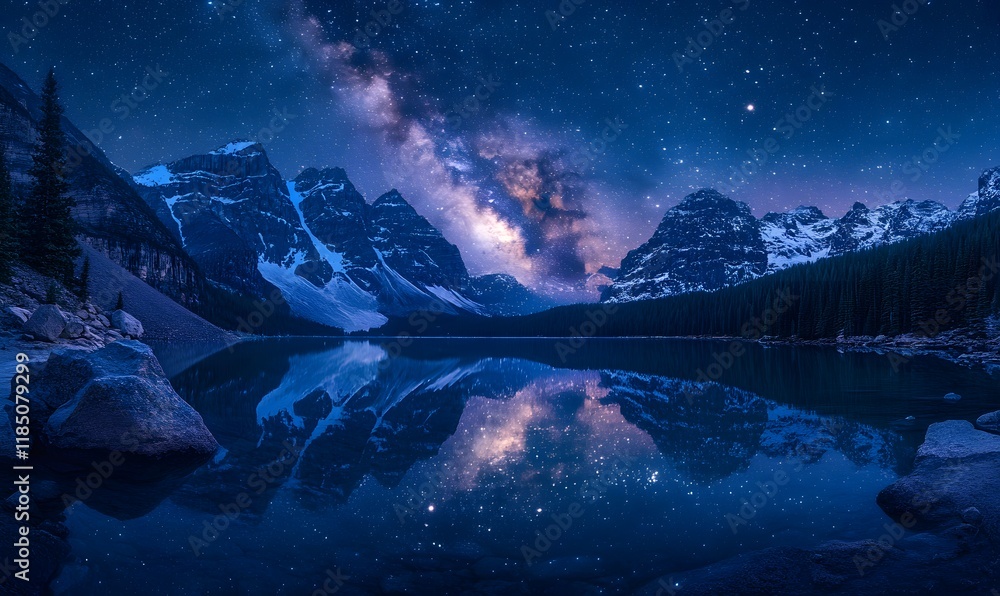Naklejka premium Milky Way Galaxy Visible Over Lake Moraine at Night