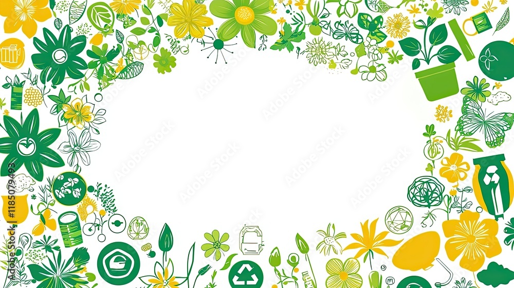 A vibrant border of flowers, plants, and eco-friendly symbols, emphasizing nature and sustainability. A vibrant border of flowers, plants, and eco-friendly symbols, emphasizing nature and sustainability.