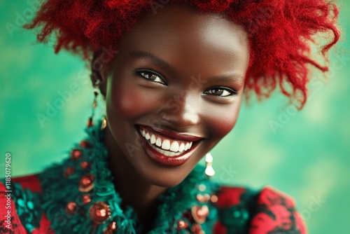 Attractive happy black girl - for ads, media and social apps use. Short coiffure - red hair. Commercial digital ads creative. Modern commercial model. Fashion model portrait. Black girl powe. photo