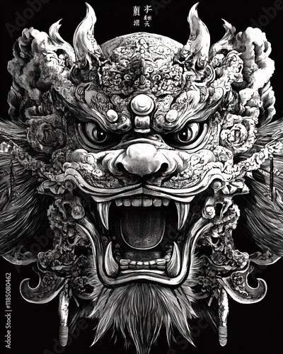 Shishi Lion Mask black and white illustration