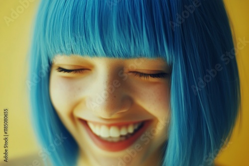 Short trim - blue hair. Attractive happy mixed-race girl - for ads, ad page and online marketing networks use. Commercial commercial conceptual art. African hair campaigns. Chic model concepts. photo