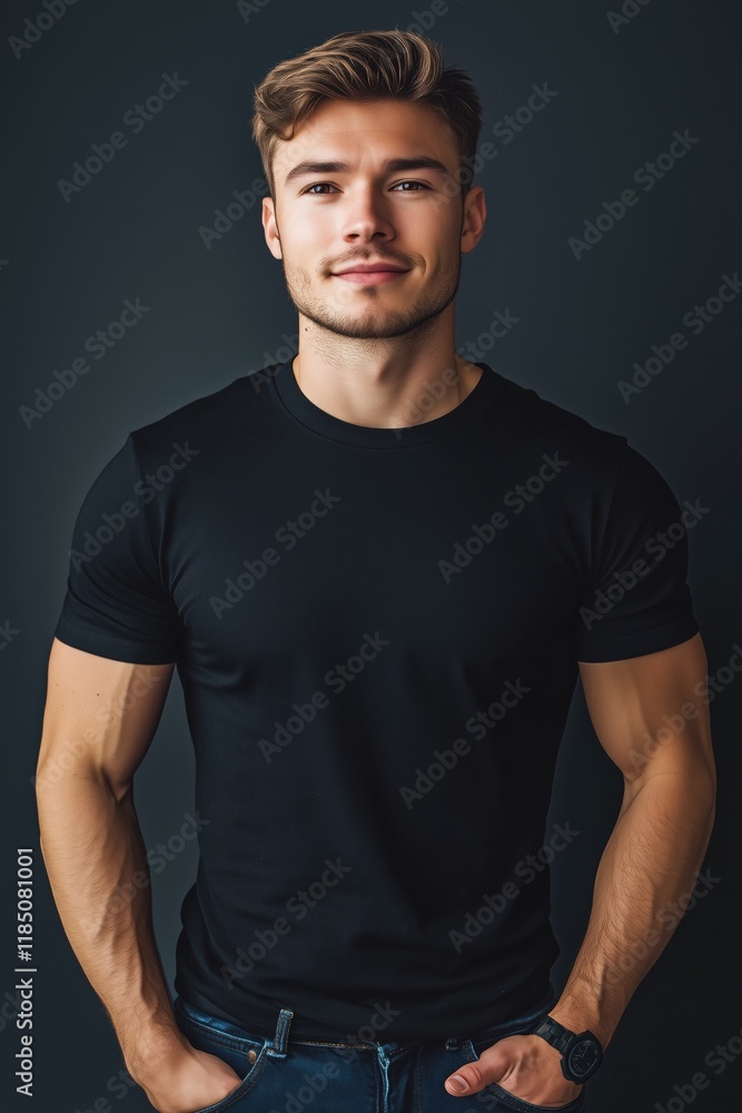 A young man with a muscular build stands confidently against a dark background. He has short, styled hair and is wearing a fitted black t-shirt mockup and jeans, with a relaxed posture. A young man with a muscular build stands confidently against a dark background. He has short, styled hair and is wearing a fitted black t-shirt mockup and jeans, with a relaxed posture.
