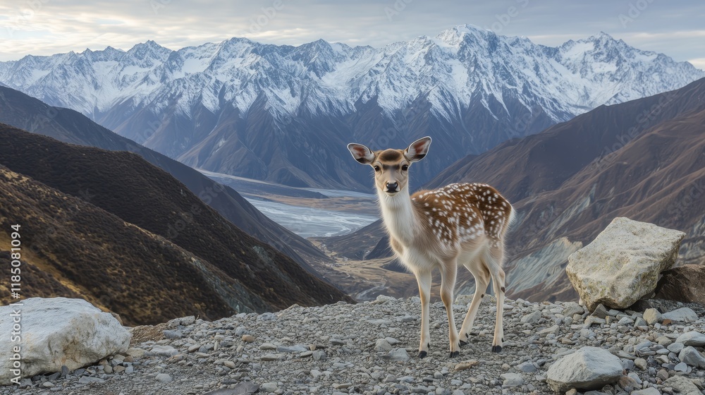 A young deer standing on rocky terrain with a breathtaking backdrop of snow-capped mountains and a valley. Captured in a natural alpine environment. A young deer standing on rocky terrain with a breathtaking backdrop of snow-capped mountains and a valley. Captured in a natural alpine environment.