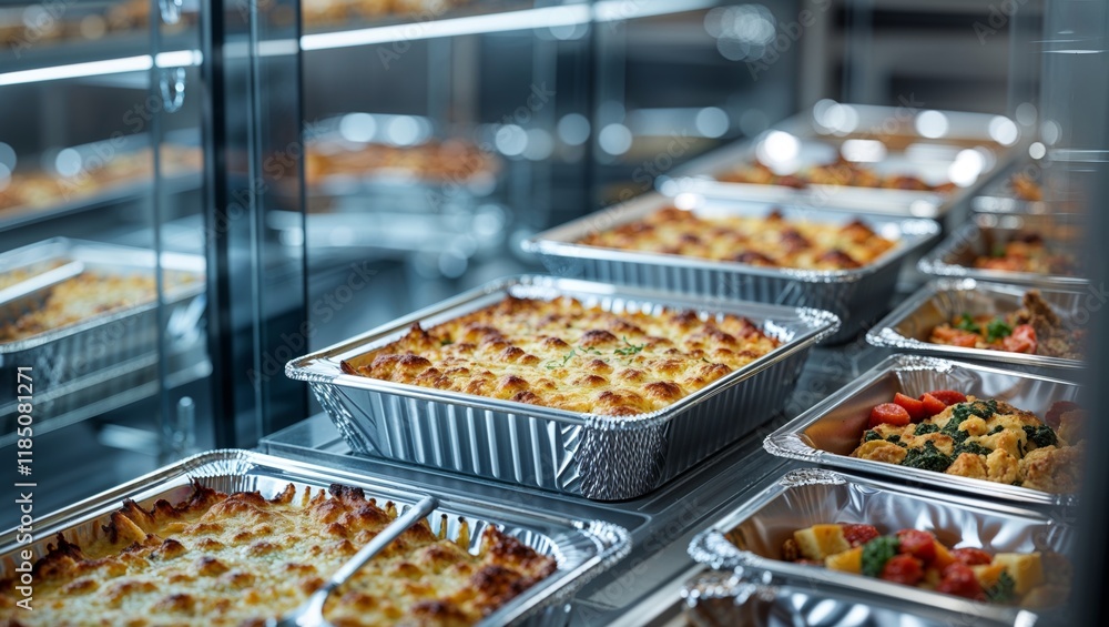 Delicious prepared meals displayed in trays at a food establishment Delicious prepared meals displayed in trays at a food establishment